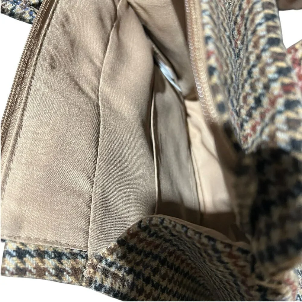 J Crew Handbag Tan Wool Blend Houndstooth Structured‎ Top Handle Purse Red